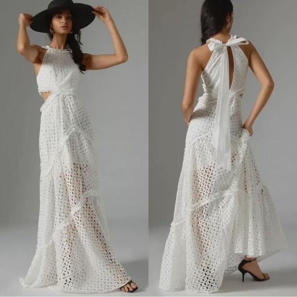 Anthropologie Dresses & Skirts - Nwt Anthropologie Lace The Label White Eyelet Cutout Maxi Halter Wedding Dress